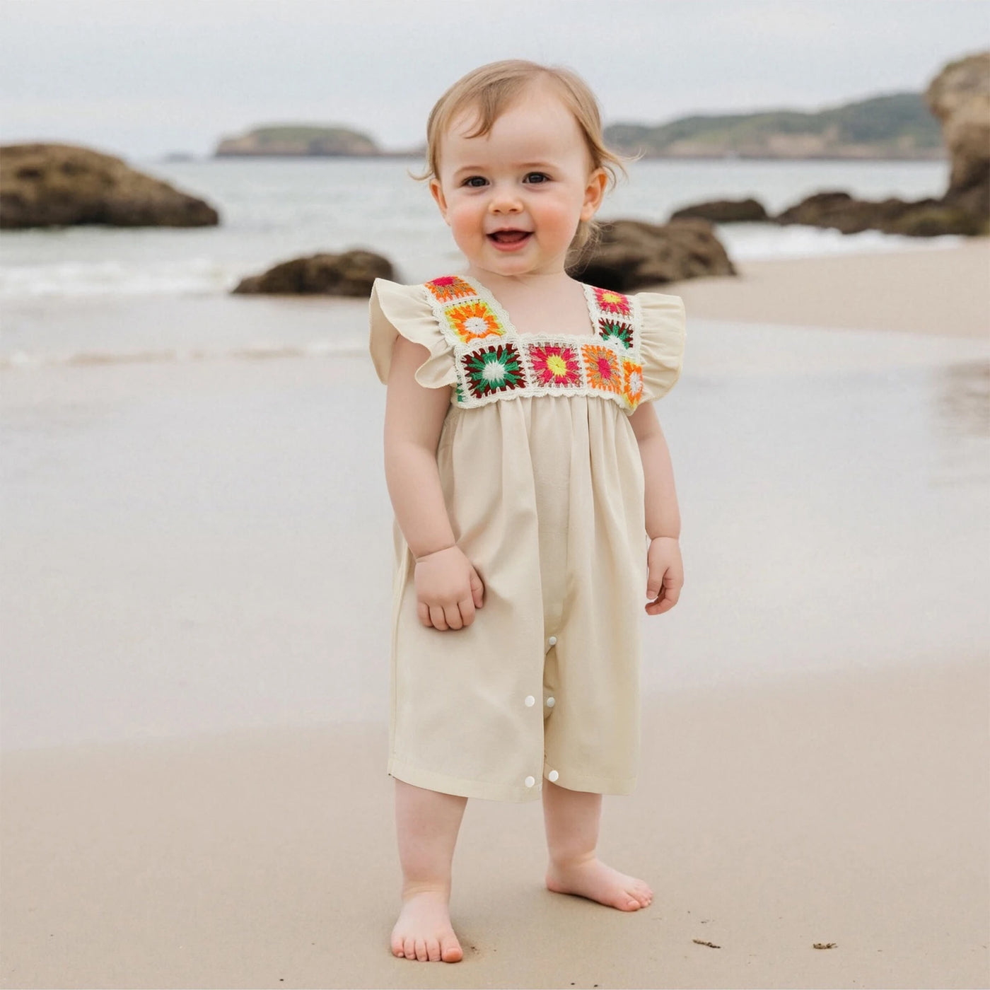 Infant Baby Girl Summer Romper Retro Ethnic Style Fly Sleeve Square Neck Floral Embroidery Wide Leg Shorts Jumpsuit Playsuit