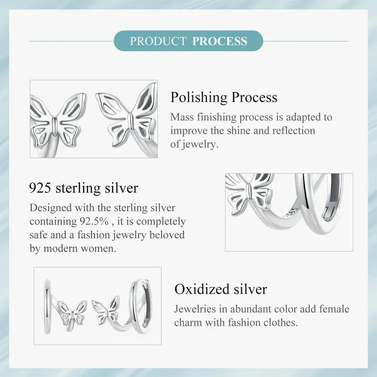 WOSTU Real 925 Sterling Silver Original Butterfly Hoop Earrings Oxidation For Women Wedding Party Daily Gift DIY Fine Jewelry