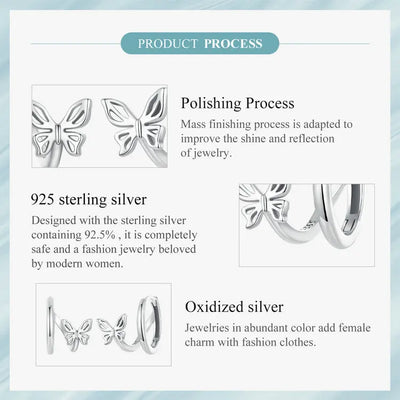WOSTU Real 925 Sterling Silver Original Butterfly Hoop Earrings Oxidation For Women Wedding Party Daily Gift DIY Fine Jewelry