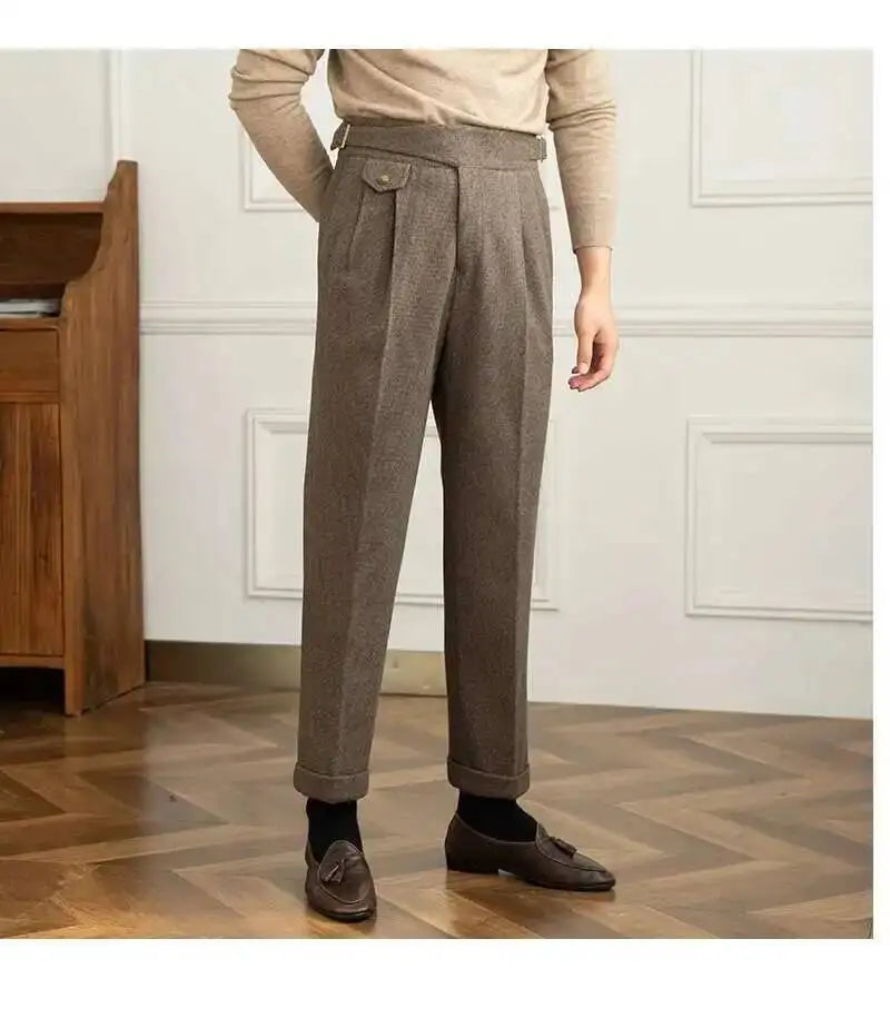 2023 Autumn Winter Men's Warm Retro Straight Trouser Male Casual British High Waist Pants Office-trousers Dress Pant Trousers