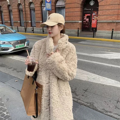 Lamb Wool Long Jackets Women Winter Warm Stand Collar Loose Fur Outerwear Y2K Korean Fashion Long Sleeve All Match Fake Fur Coat