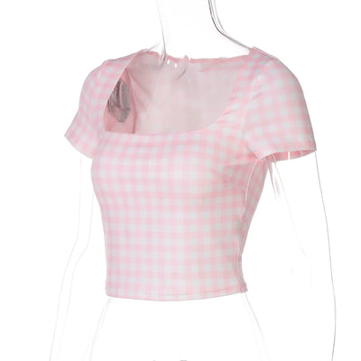 Square Collar Short Sleeve Bodycon Plaid Print T-Shirt