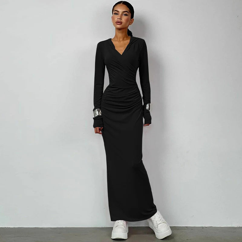 Hugcitar Solid Hoodies V Neck Long Sleeve Draped Sexy Slim Maxi Dress 2023 Winter Women Fashion Y2K Outfits Streetwear Party