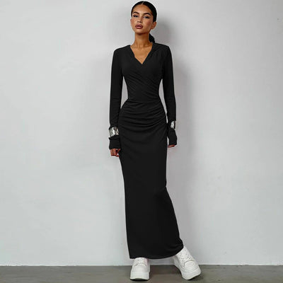 Hugcitar Solid Hoodies V Neck Long Sleeve Draped Sexy Slim Maxi Dress 2023 Winter Women Fashion Y2K Outfits Streetwear Party