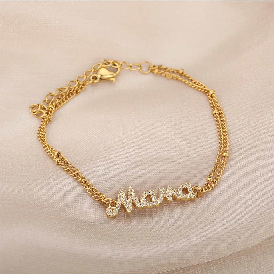 ZAKOL Fashion Stainless Steel Double Chain Bracelet for Women Mama Letter Mother's Day Jewelry Gift Wholesale