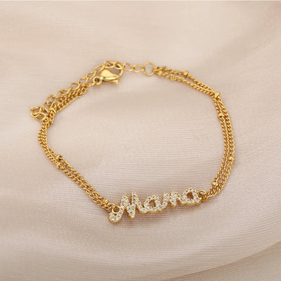ZAKOL Fashion Stainless Steel Double Chain Bracelet for Women Mama Letter Mother's Day Jewelry Gift Wholesale