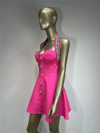 Black Rose Knitted Bandage Dress Women Summer Fashion Diamonds Halter Single Breasted A Line Mini Dress Celebrity Evening Party