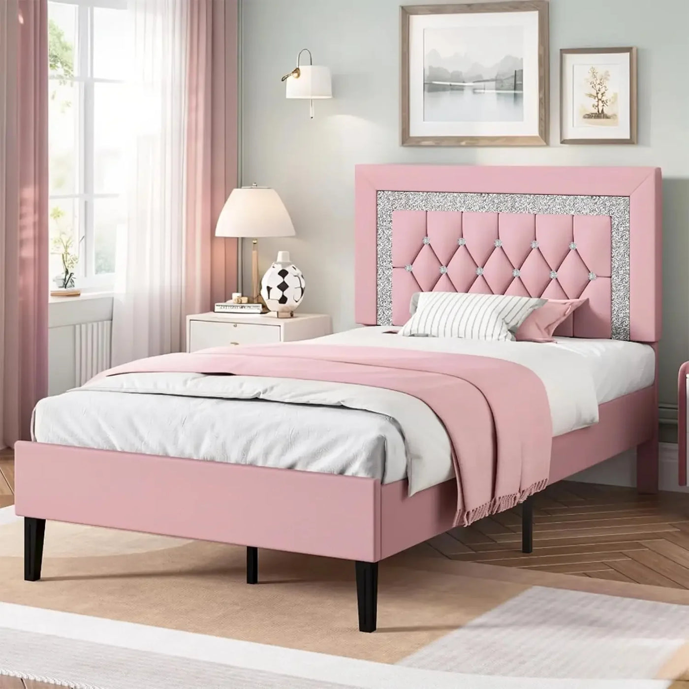 Frame with Tufted Button Headboard, Upholstered Platform Bed Frame with Diamond Design, Wood Slat Support