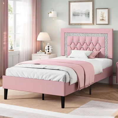 Frame with Tufted Button Headboard, Upholstered Platform Bed Frame with Diamond Design, Wood Slat Support