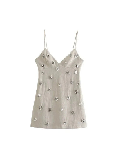 Nlzgmsj  2024 Women Chic Fashion Sleeveless Lnlay Mini Dress Vintage Thin Straps Summer Female Dresses Vestidos Mujer