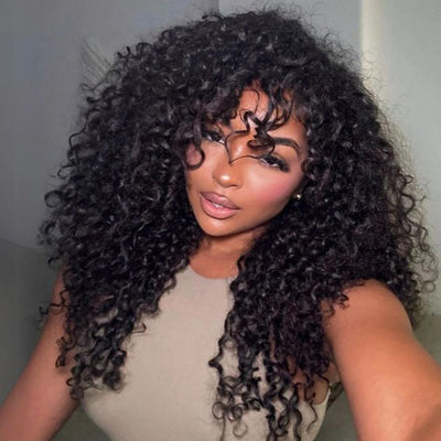 12A Cheap Water Wave Brazilian Human Hair Wig With Bangs Machine Made Wigs for Black Women Deep Wave Curly Wigs On Promotion
