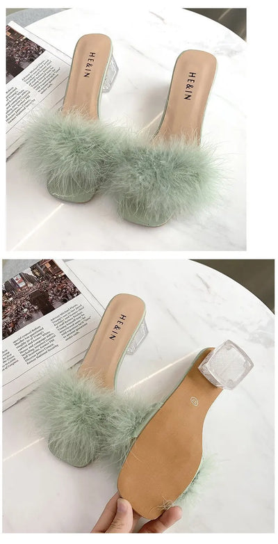 Mules Sandal Women Summer Outdoor Fashion Slippers Square Toe High Heels Office Ladies Feather Slides Chic Classics Furry Shoes