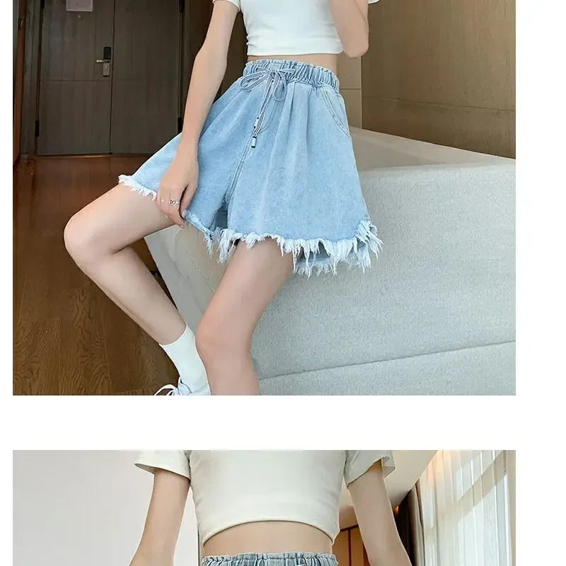 Korean Simplicity High Waist Wide Leg Denim Shorts Fashion Women's Clothing Summer Female All-match Loose Drawstring Shorts