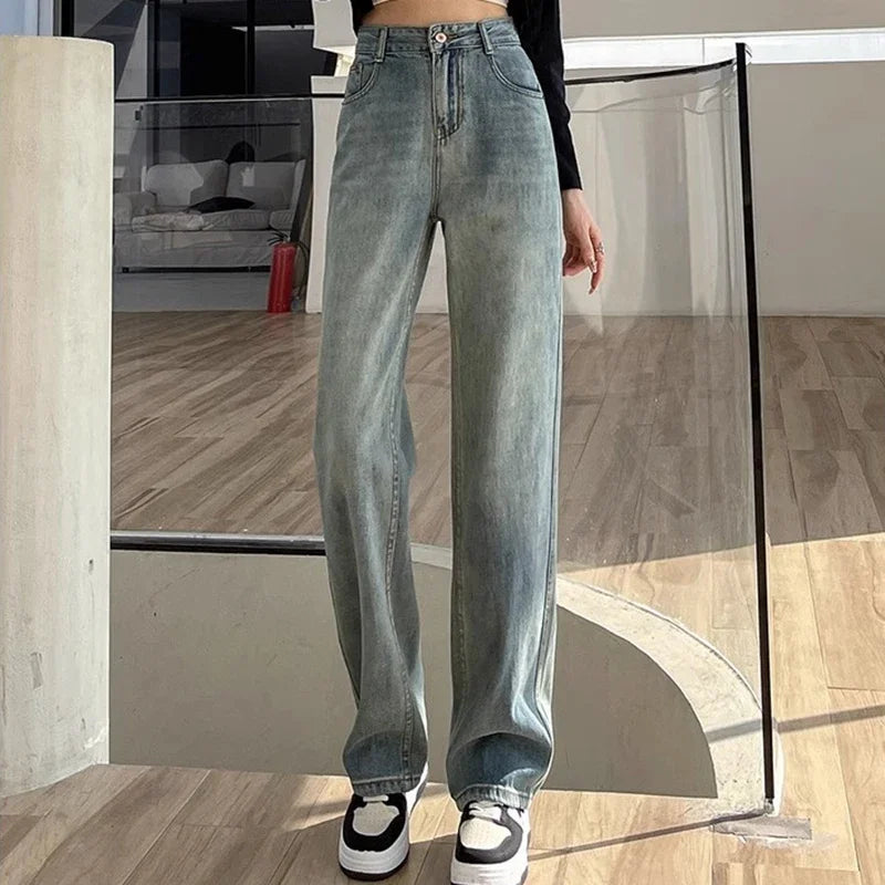 Woman High Waist Stacked Straight Leg Jeans Female Gothic Loose Wide Leg Pants Girls Y2k Black Blue Light Blue Denim Trousers
