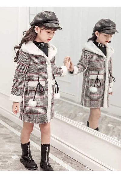 Autumn Winter Girls Hairy Coat Fashion Design Long Coat for Girls Kids Outerwear Grid Pattern Warm Winter Jacket Coats 4-12T