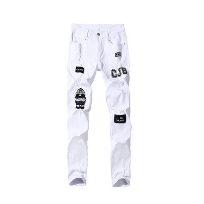 Punk Denim Pants Men Jeans Skinny Ripped Hole Patchwork Slim Pencil Denim Hip Pop Trousers Autumn Plus Size Streetwear Men's