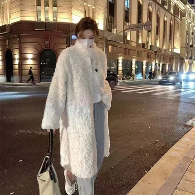 Lamb Wool Long Jackets Women Winter Warm Stand Collar Loose Fur Outerwear Y2K Korean Fashion Long Sleeve All Match Fake Fur Coat