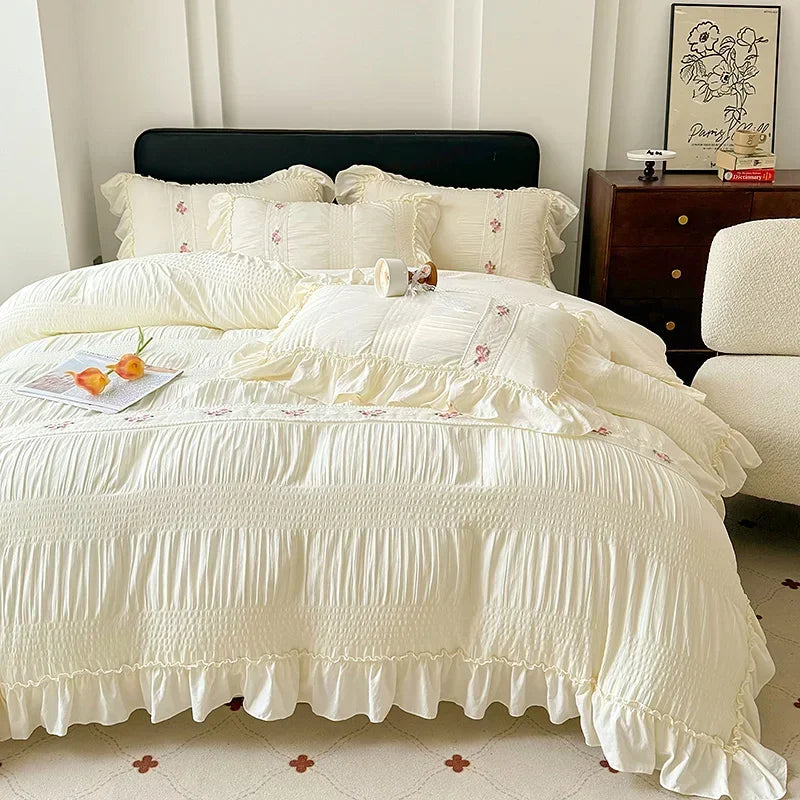 2025 Korean Princess Style Lace Ruffles Wedding Bedding Set Washed Cotton Soft Duvet Cover Set Bed Sheet Pillowcase 3/4Pcs