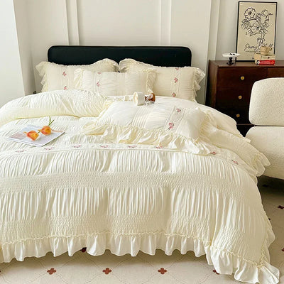 2025 Korean Princess Style Lace Ruffles Wedding Bedding Set Washed Cotton Soft Duvet Cover Set Bed Sheet Pillowcase 3/4Pcs
