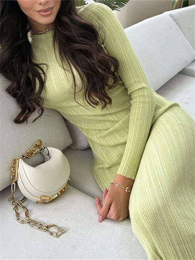 Fall Casual Knit Ribbed Bodycon Long Dress Simple Style Solid Color Long Sleeve O Neck Wrapped Pencil Dress Street Party