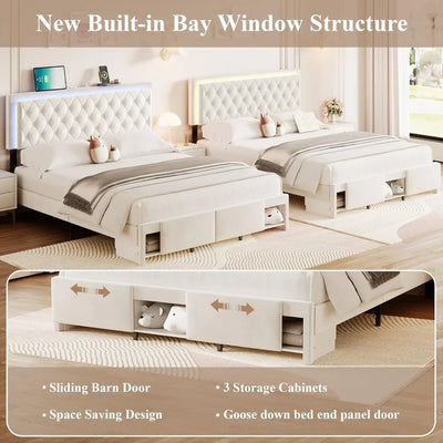 Queen Size Bed Frame with Storage, LED Bed Frame Queen with Adjustable Headboard, Upholstered Velvet Platform Queen Bed Frames
