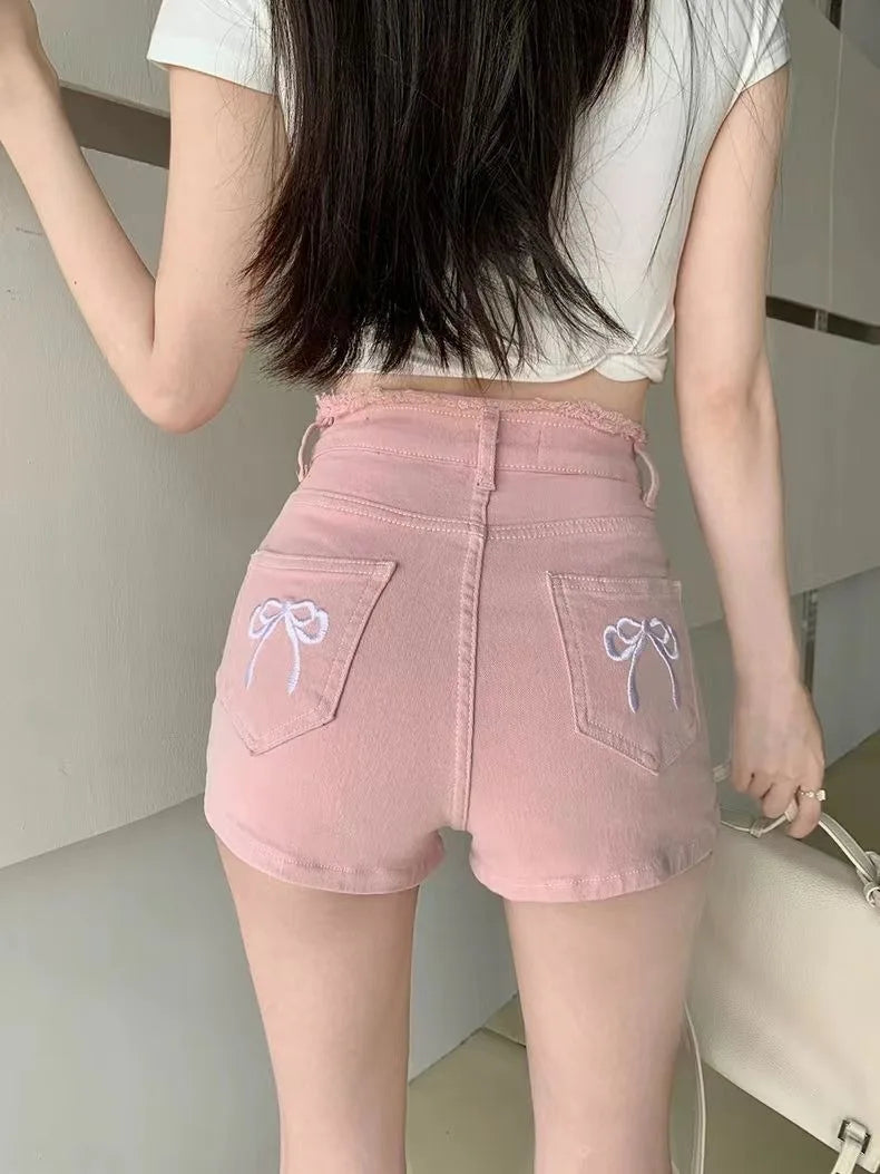 Women's Sweet Bow Denim Shorts Tassel Embroidery American Spice Summer High Waist Temperament Skinny Straight Pants Sexy Shorts