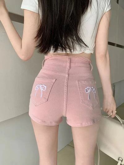 Women's Sweet Bow Denim Shorts Tassel Embroidery American Spice Summer High Waist Temperament Skinny Straight Pants Sexy Shorts