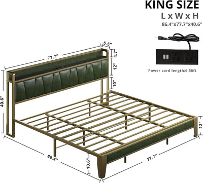 LIKIMIO Twin XL/Full/King/CaliforniaKing Bed Frame, Storage Headboard with Charging Station, No Box Spring Needed, Dark Green