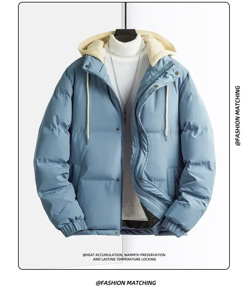 New Solid Color Hooded Collar Male Windbreak Cotton Padded Down Jacket Warm Thick Men Parka Winter Casual Mens Outwear Parkas