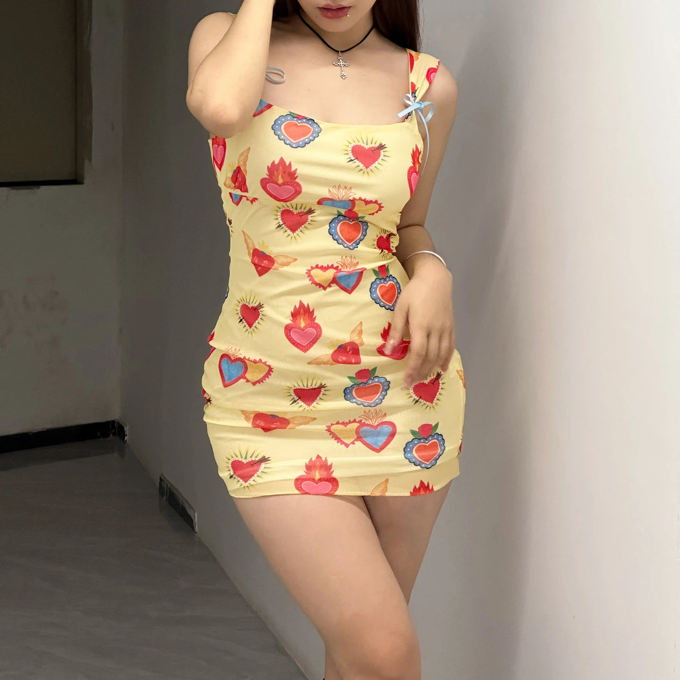 Women's Summer Bodycon Dress Sleeveless Square Neck Heart Print Mini Dress Tie Back Dress