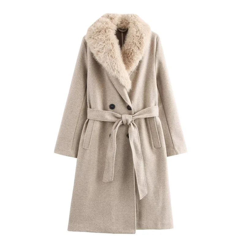 Elegant Fur Lapel Long Coat Women With Belt Woolen Full Sleeve Lace Up Loose Thicken Overcoat 2025 Spring Solid Pocket Outwear