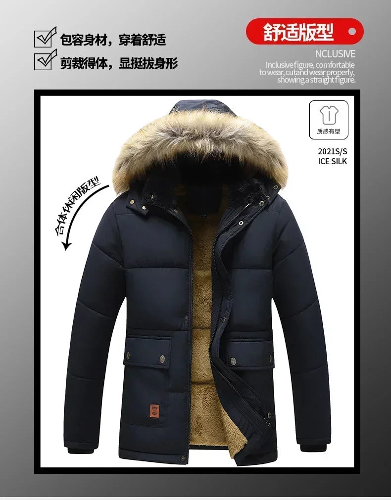Male Fur Trench Overcoat Coats Parka Men's Warm Hooded Loose Parkas Men's Plus Velvet Casual Fashion Brand Thick Winter Parkas
