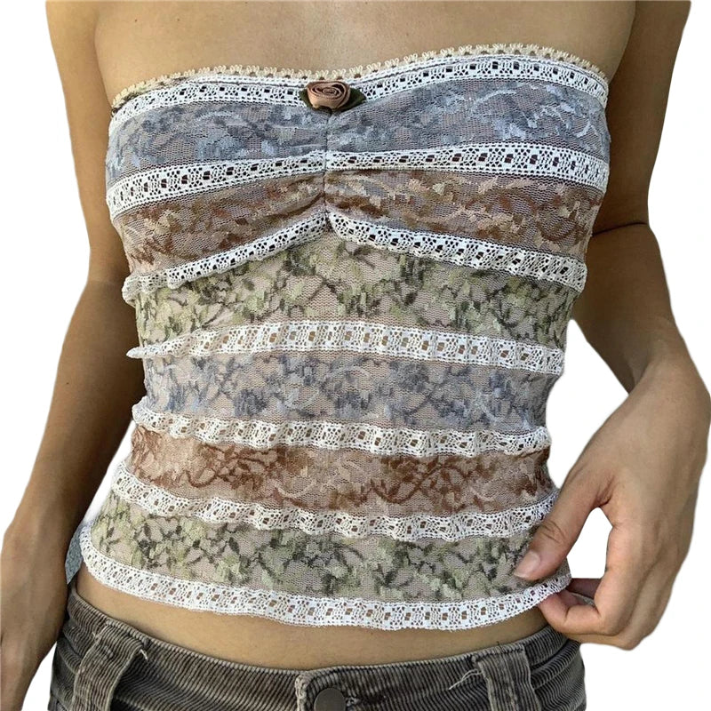 Xingqing y2k Off Shoulder Top Women Fairy Grunge Clothes Summer Sleeveless Lace Trim Patchwork Strapless Tshirt 2000s Streetwear