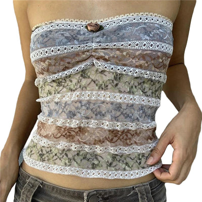 Xingqing y2k Off Shoulder Top Women Fairy Grunge Clothes Summer Sleeveless Lace Trim Patchwork Strapless Tshirt 2000s Streetwear