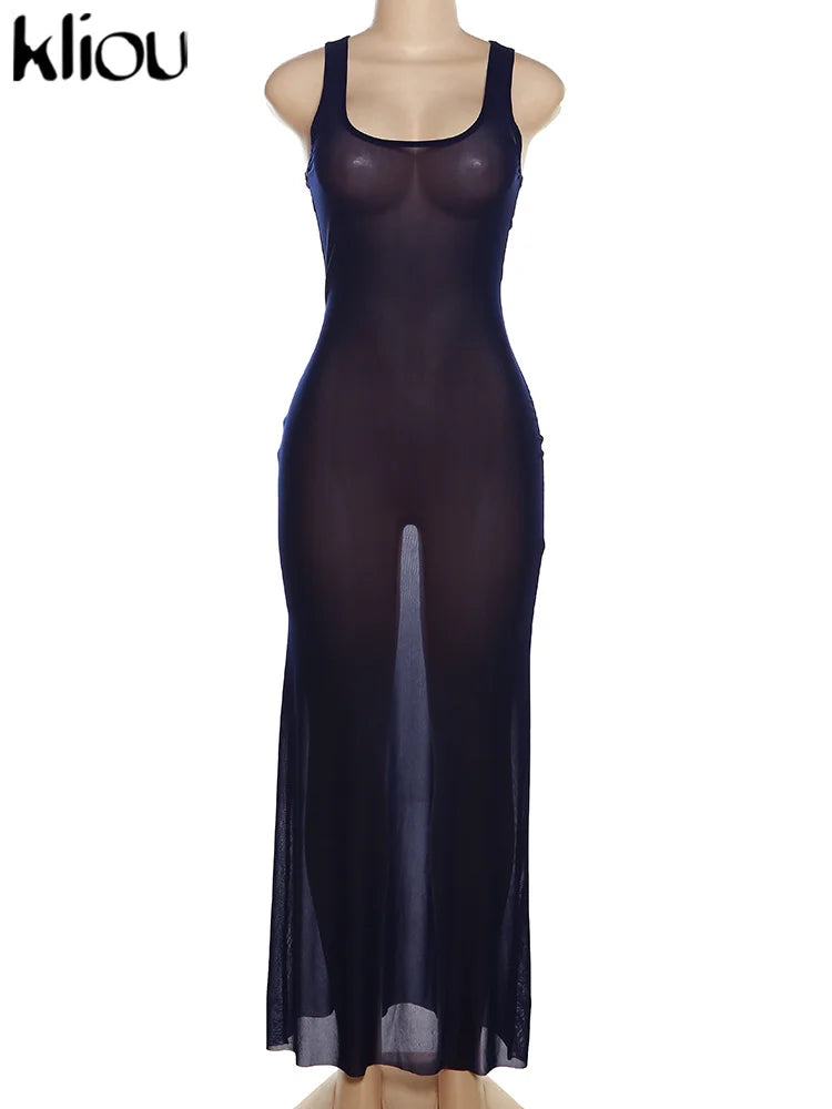 Kliou Solid Sheer Pure Cotton Maxi Dress Women Casual Square Collar Sleeveless Slim Robe Lady Holiday Style Streetwear Clothing