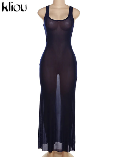 Kliou Solid Sheer Pure Cotton Maxi Dress Women Casual Square Collar Sleeveless Slim Robe Lady Holiday Style Streetwear Clothing