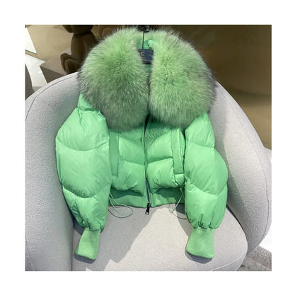 Fashionable Women's Winter Down Jacket Cropped Fox Fur Collar High End 90% White Duck Feather Coat Thick Long Sleeves