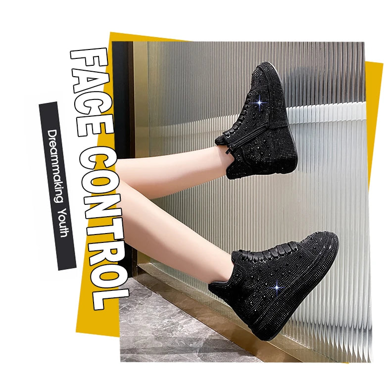 Fashion Sneakers Women Trend 2024 New Spring Autumn Platform Lace Up Rhinestone Women Casual Shoes Fashion Shiny Ladies Shoes