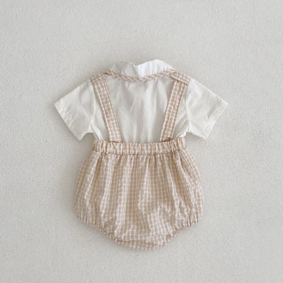 Instagram summer baby jumpsuit, male and female baby doll collar, plaid fake two-piece triangular jumpsuit, crawling