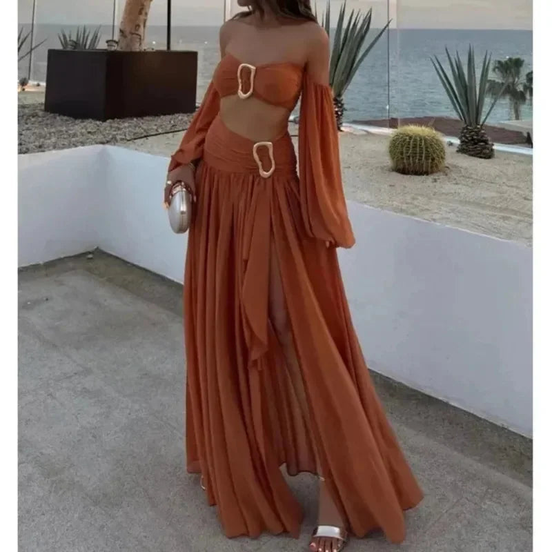 Sexy Pleated Crop Top Split Skirt Set Women Lantern Sleeve Off Shoulder Bust Wrap Top Dress Suit New Lady Holiday Party Outfits