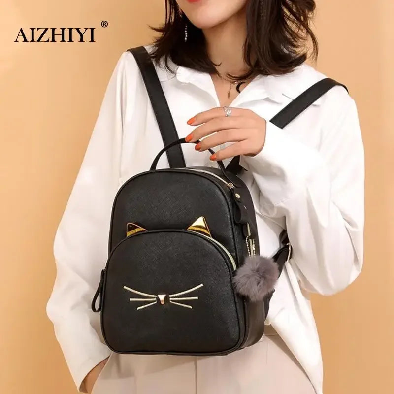 Travel Backpack Women Rucksack Teenagers 2023 Student School Bags for Girls Cartoon Cat PU Leather Satchel Black Shoulder Bag
