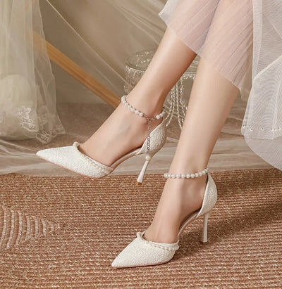 High Heeled Shoes Women's 2025 Summer with A Thin Heel and Pointed Toe A Straight Cut Lace Surface White Pearl Bridal Shoe Women