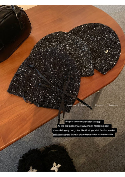 Zhao Lusi Same Style ~ Homemade Bows Sequin Knitted Cold Cap Female Y2g Sexy Wind Show Face Small Toe Cap Pile Heap Cap