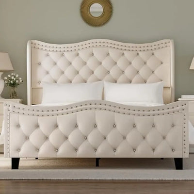 Cream Queen Size Upholstered Platform Bed Frame with 50'' Tall Velvet Tufted Curved Wingback Headboard, Wooden Slats, Noise-Free