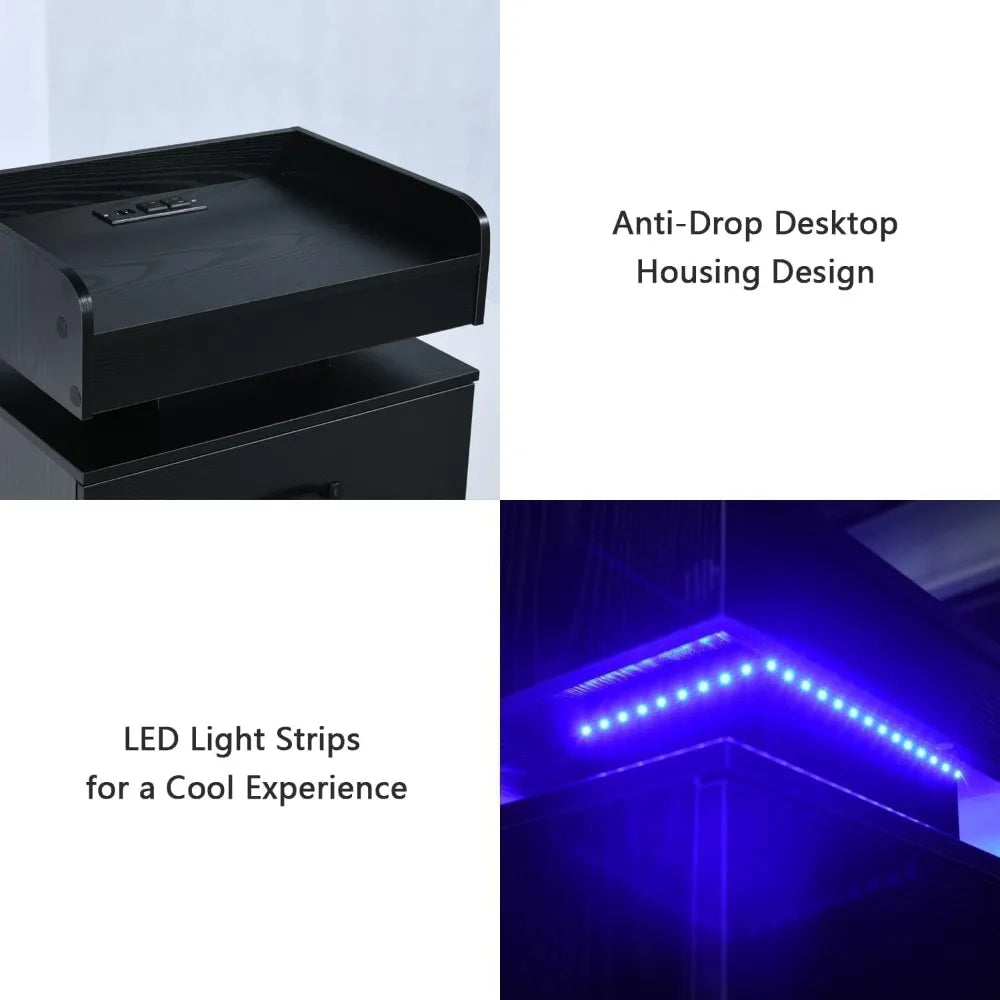 Black Nightstand with Charging Station, Night Stand with LED Lights, Modern Led End Table, Nightstand for Bedroom