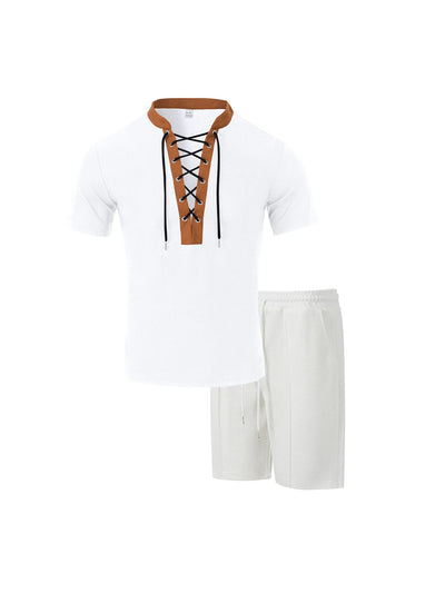 The 2025 men's new waffle checkered round-neck fashionable top, a two-piece casual suit with a rope short sleeve and shorts