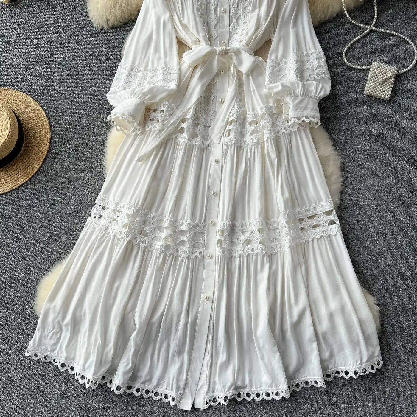 Elegant Long Maxi Hollow Out Dress Shirt Women Summer Autumn Palace Retro Pearl Button Embroidery Crochet Evening Party Vestidos