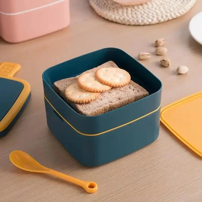 Fashion Morandi Color Portable Double Layered Lunch Box Student Lunchbox Plastic Microwave Preservation