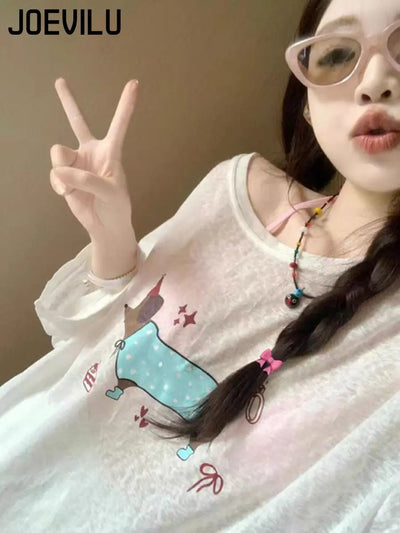 Women's Summer White Sheer Dachshund Print Loose Slim-Fit Long Sleeve T-Shirt Sun Protection Cover-Up Sweet Sexy Casual Lazy Top