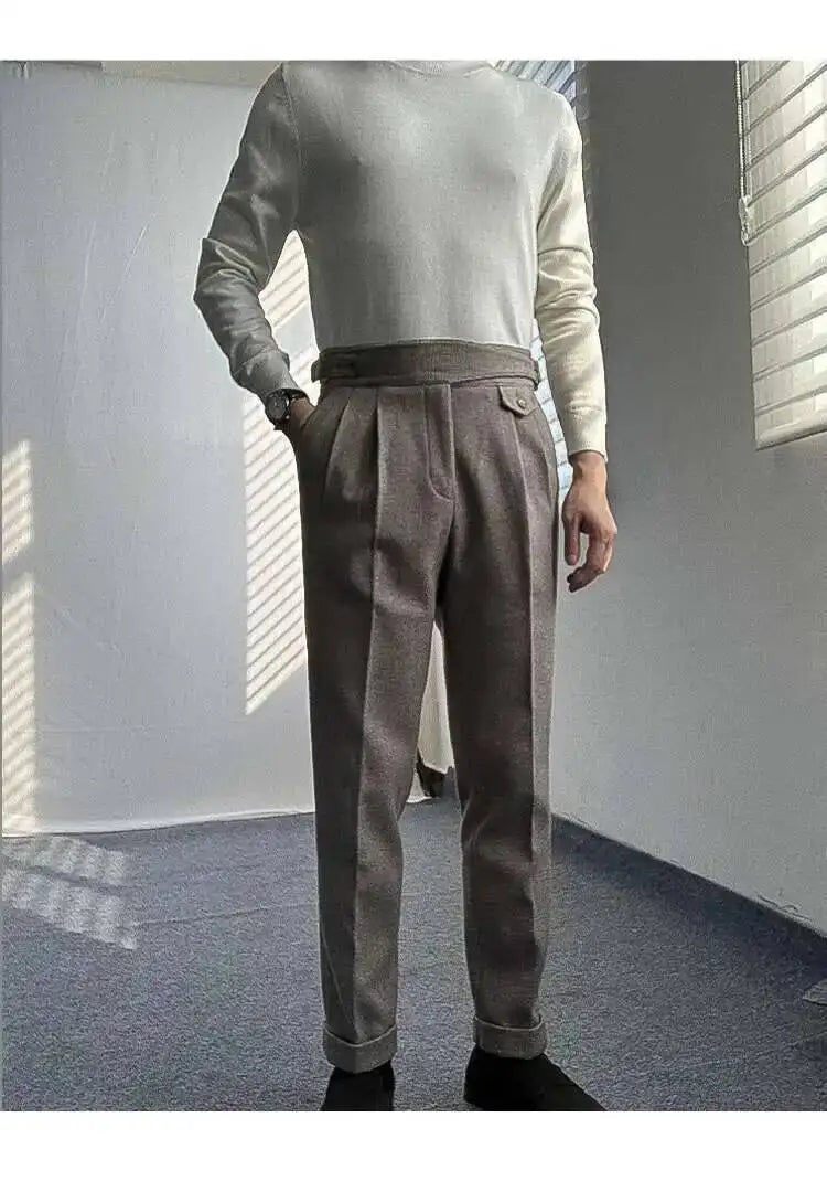 2023 Autumn Winter Men's Warm Retro Straight Trouser Male Casual British High Waist Pants Office-trousers Dress Pant Trousers